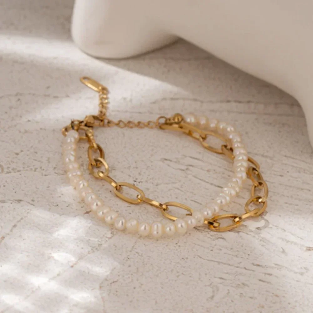 New 18K Gold Natural Pearls Double Layer Bracelet - Picture 9 of 11